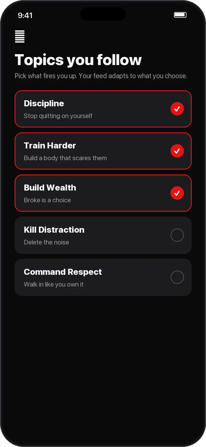 FURY topics screen: Discipline, Train Harder, Build Wealth